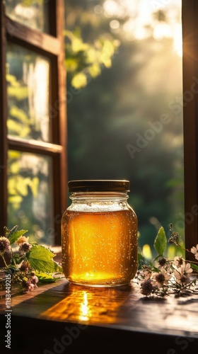 Golden honey jar illuminated by sunlight near window with green foliage
