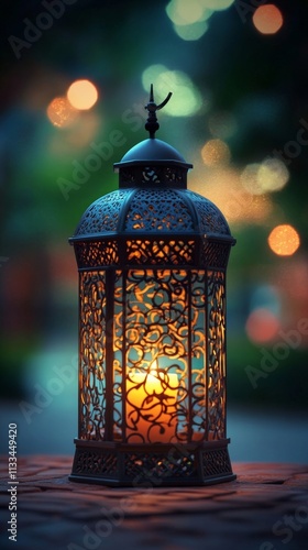 Lantern glowing warmly on a cobblestone street during twilight