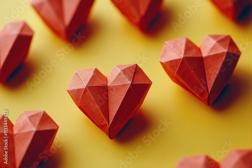 Creative display of handmade paper hearts on bright yellow background
