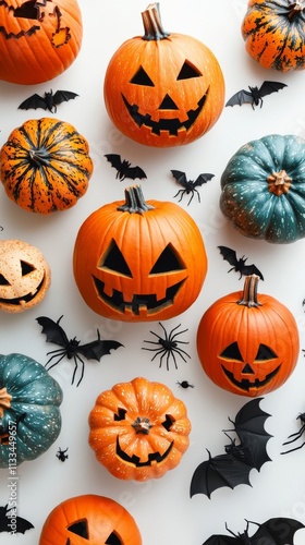 Colorful jack o lanterns and spooky decorations create a festive Halloween at...