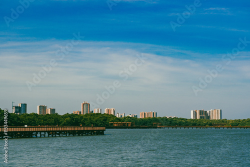 The Mallorquín swamp seen from the pier and blue sky. Barranquilla, Atlantico, Colombia. photo