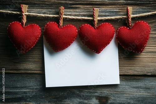 Blank note holder with red fabric hearts on rustic wooden background