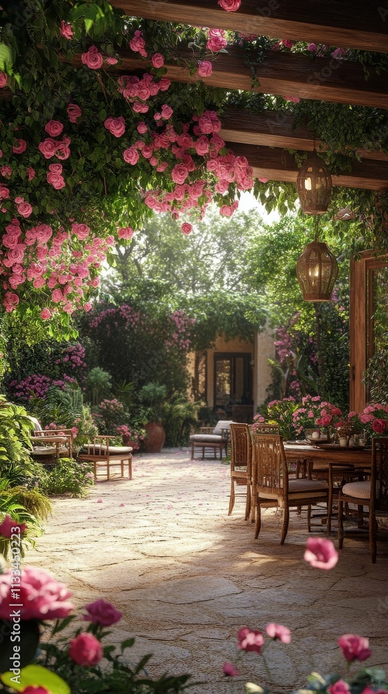 Obraz premium Beautiful pink roses lining a serene garden pathway with soft sunlight filtering through