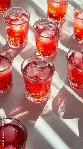 Brightly colored drinks arranged on a striped surface with reflections in sun...