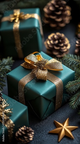 Beautifully wrapped holiday gifts arranged with festive decorations and natur...