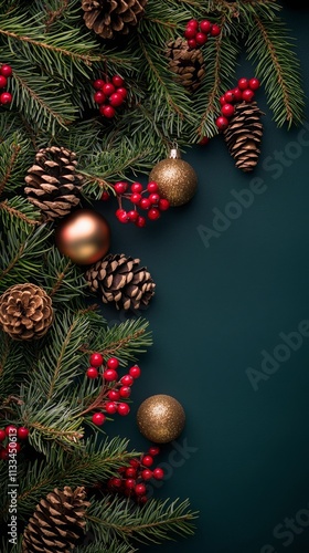 Festive holiday decorations showcasing red and gold ornaments with pine cones...