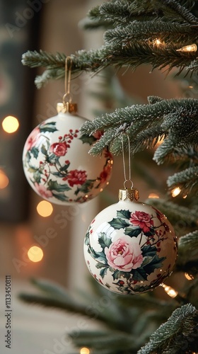 Beautifully decorated Christmas ornaments hanging on a lush green tree with w...
