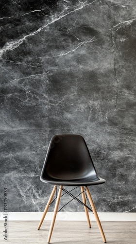 Elegant chair against a dramatic black and white wall mural in a minimalist i...