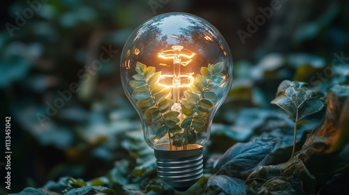 Light bulb with greenery glowing softly among lush foliage at dusk