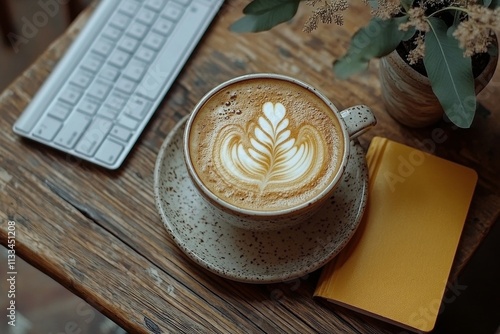 Warm latte art sits on a rustic wooden table with a notebook and keyboard nearby
