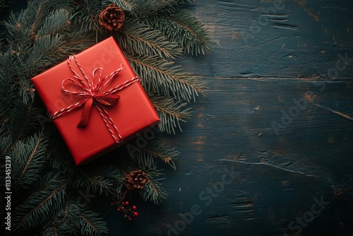 Vibrant red gift box surrounded by pine branches and pine cones on wooden table