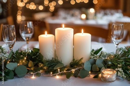 Elegant candle display with roses and greenery in a cozy setting during the e...