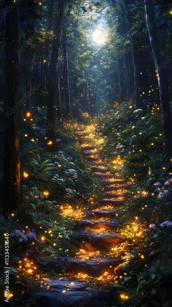 Obraz premium A serene forest path illuminated by fireflies, inviting exploration and tranquility.