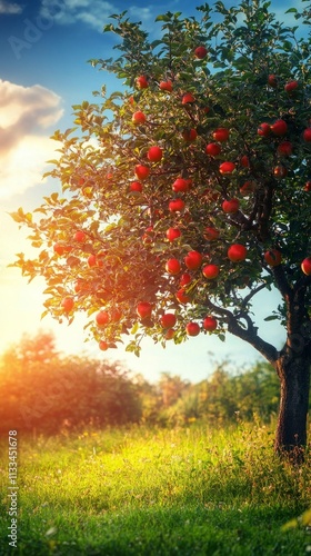 Apple tree in orchard at sunset with ripe fruit hanging from branches