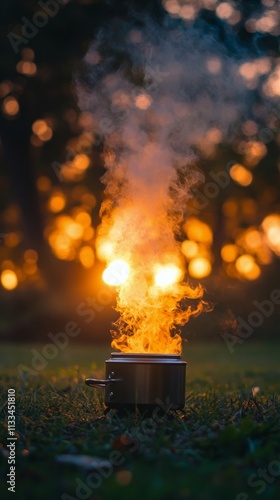 Cooking over an open flame as sunset light creates a magical atmosphere