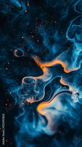 Dynamic abstract art featuring vivid swirls of fiery orange and blue smoke against a dark background. Perfect for creative projects, modern designs, and digital art themes.. AI Generation