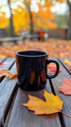 Black cup of coffee surrounded by colorful autumn leaves on a wooden table