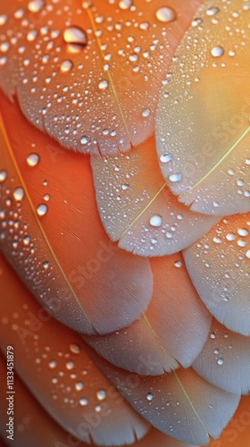 Close up of a delicate orange leaf covered in droplets of water with blurred ...