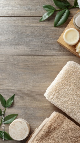 Spa setting with natural soap and soft towels on wooden surface