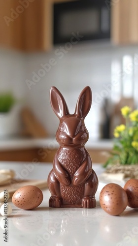 Chocolate bunny surrounded by colorful eggs and flowers on a festive table