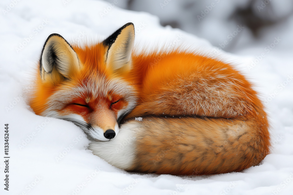 Obraz premium Red Fox Curled Up in Fresh Snow, Blending into Winter Landscape