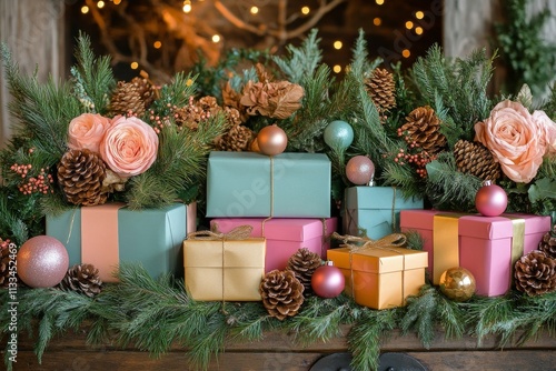Festive holiday decorations with gifts, ornaments, and flowers arranged for c...