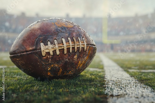 Wet football on grass field during a high school game with blurred goalposts ...