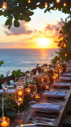 Elegant outdoor dinner setup by the ocean during a stunning sunset in a tropi...