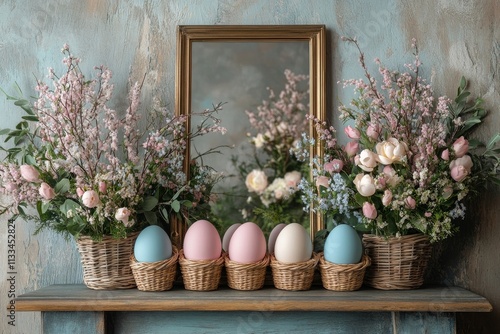 Elegant Easter decoration with pastel eggs and spring flowers in a vintage se...