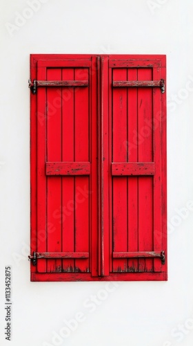 Bright red wooden shutters on a white wall in a sunny outdoor setting