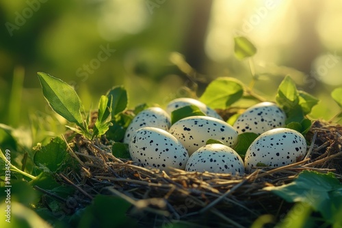 Nest of speckled eggs resting on green grass during a sunny day photo