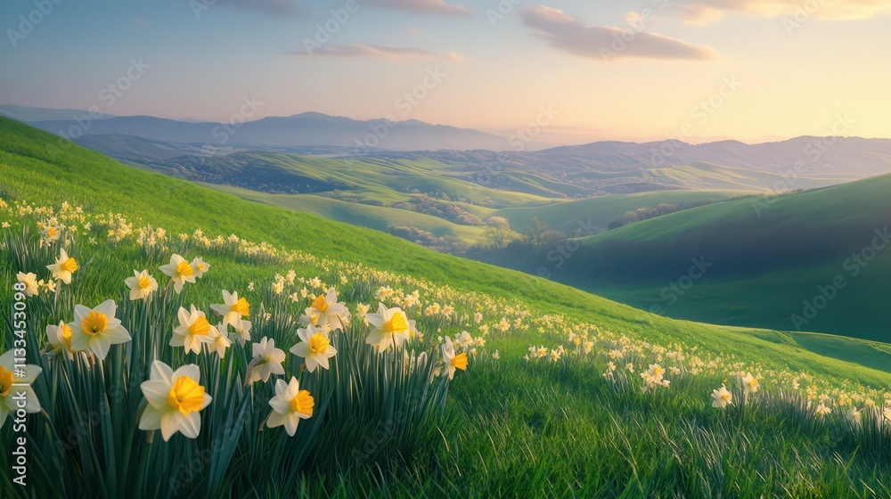 Obraz premium Rolling hills covered in fresh spring grass with clusters of bright daffodils, under a soft blue sky and warm morning light, capturing a peaceful countryside view.