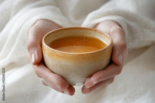Warm beverage held gently in hands with soft fabric background