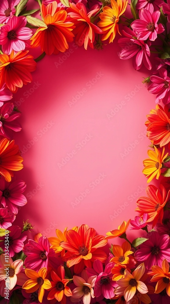 Fototapeta premium frame made of pink and yellow flowers, spring 