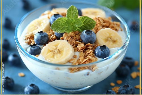 Healthy breakfast bowl with yogurt, granola, bananas, and blueberries on a ki...