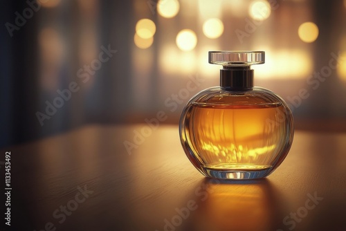 Elegant glass perfume bottle illuminated with soft bokeh in the background at...