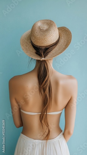 Woman with straw hat poses against a blue wall during a sunny day
