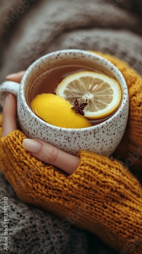 Warm drink with lemon slices held in cozy sweater hands during chilly weather