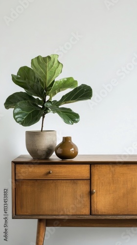 Stylish wooden sideboard with potted plant and decorative vase in modern inte...