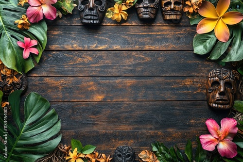 Tiki masks and tropical leaves framing rustic wooden background photo