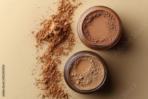 Loose powder cosmetics containers with spilled product on a light surface dur...