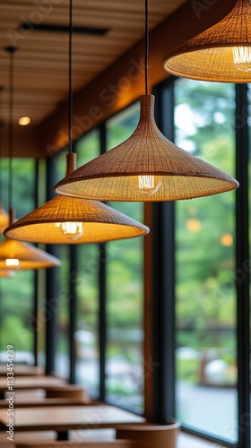 Warm ambiance created by pendant lights in a modern dining area with large wi...