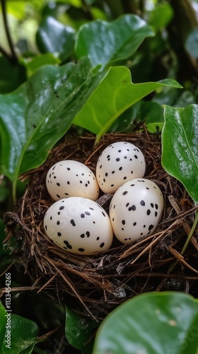 Nest with speckled eggs surrounded by green leaves in a serene natural setting