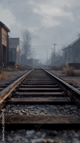 Rusty railway tracks lead into a foggy and desolate town on a chilly morning