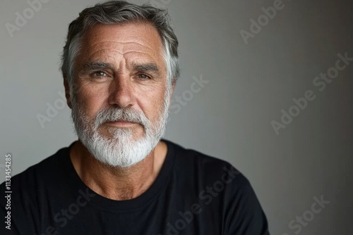 Mature man with gray hair and beard showing a thoughtful expression indoors