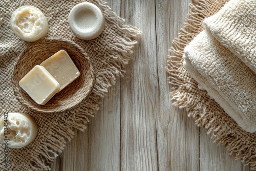 Natural soaps and sea salt arranged on a textured table with greenery in a sp...