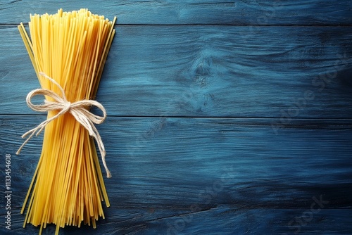 Bundle of uncooked spaghetti tied with string on a blue wooden surface