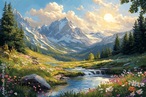 Original oil painting of beautifl spring landscape, forest,snow mountains and river on canvas.Modern Impressionism, modernism,marinism
