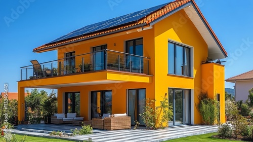 Modern eco friendly house with solar panels surrounded by lush greenery at su...