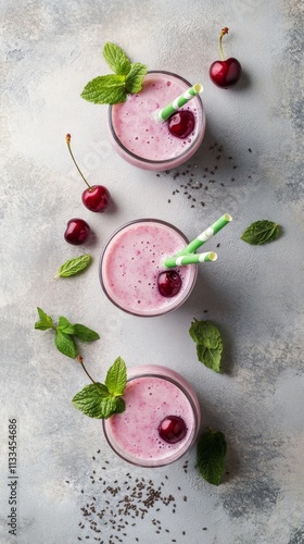 Refreshing cherry mint smoothie served in glasses with green straws